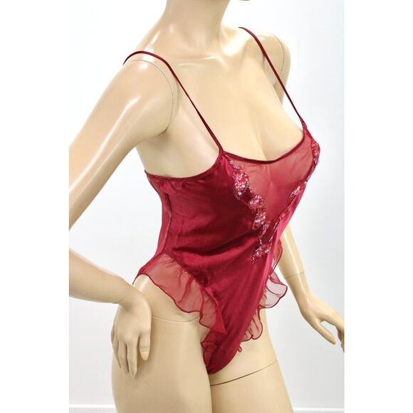 Vtg Victorias Secret Satin Teddy Nightie High Leg Sheer Flounce S Snap Crotch - Picture 4 of 10